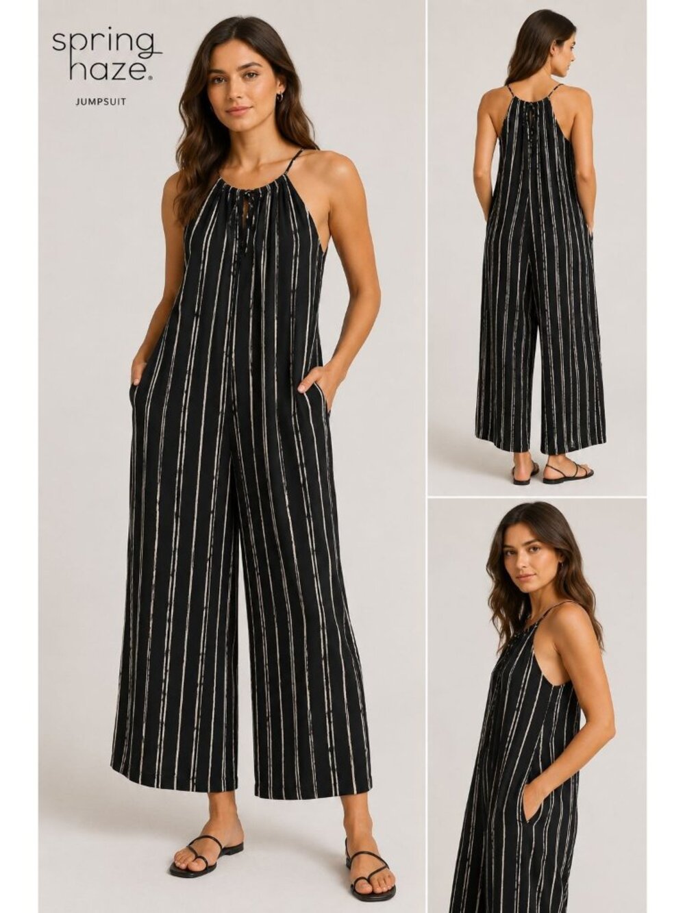 Spring Haze women’s sleeveless wideleg jumpsuit Vertical Stripe Black/ivory Smal
